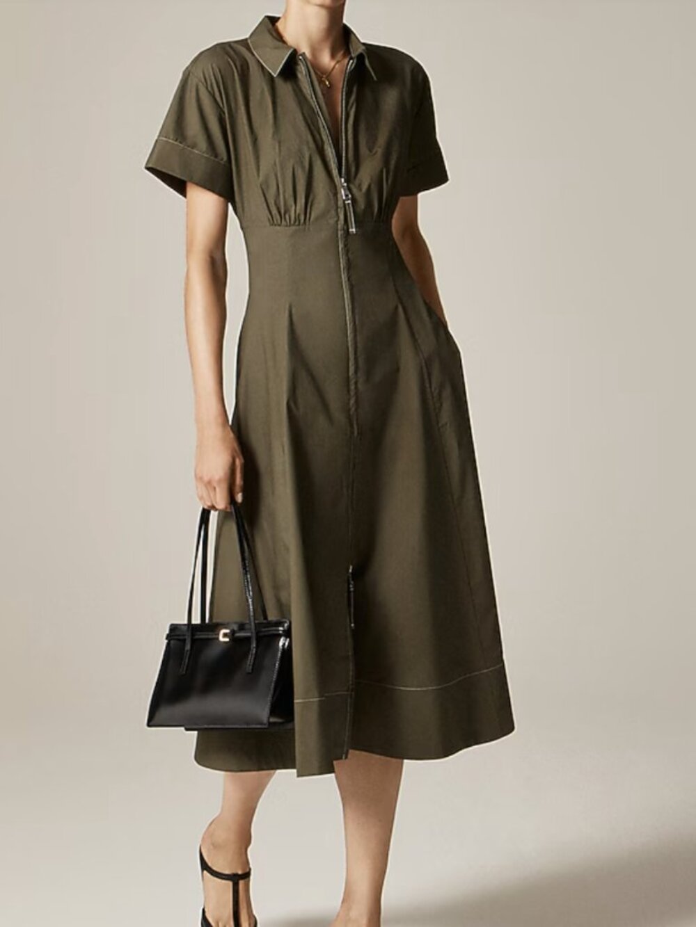 J.Crew 20 Zip Up Shirt Dress Cotton Poplin Seam Pockets Figure Flattering Midi